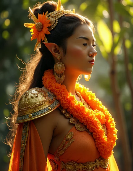 concept art, Weird Celestial (ral-smlfcs:1.1) in a Fae setting, wearing Illuminating Tahitian pareu, Thai hair styled as Nihongami, Brilliant Shoulder pads, Very wide view, Constructivism Art, L USM, D&D, fantastic, <lora:ral-smlfcs-flux-000010:1>, striking, cinematic, complex, highly detailed, elaborate, handsome, warm light