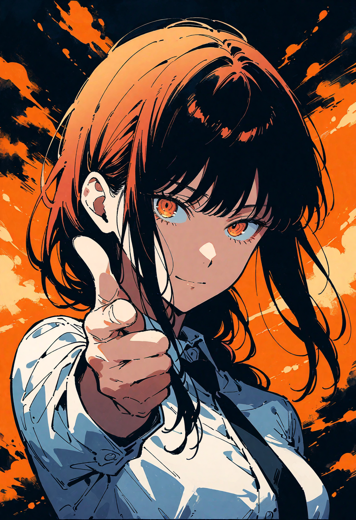 1girl, Makima from Chainsaw Man, upper body, white shirt, orange theme, collared shirt, black tie, expressionless smile, looking at viewer, finger gun at viewer, pointing at something with a finger!, orange background, paint stains in background, psychedelic background, colorized manga artstyle, masterpiece, best quality, very aesthetic, absurdres, <lora:add-detail-xl:1>,  <lora:MJ52:0.25>,  <lora:d4rk01lXLP:0.60> d4rk01l,  <lora:fingergun:0.8>