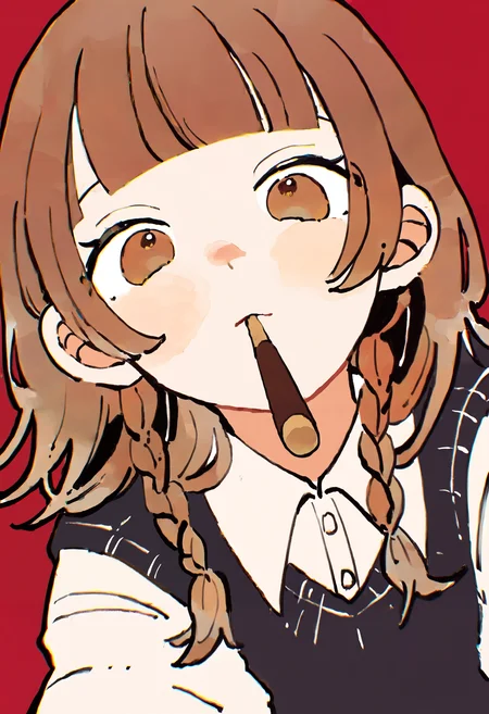 masterpiece, absurdres, newest, very awa, chromatic aberration, 1girl, solo, brown hair, brown eyes, side braids, blunt bangs, white shirt, puffy sleeves, collared shirt, black sweater vest, food in mouth, incoming pocky kiss, from below, red background, <lora:spo_sdxl_10ep_4k-data_lora_webui>, <lora:TA_trained:0.35>, <lora:NOOB_EPSv1_1_detailer_by_vlnvk_v0_5>, <lora:omoguuu:0.8>
