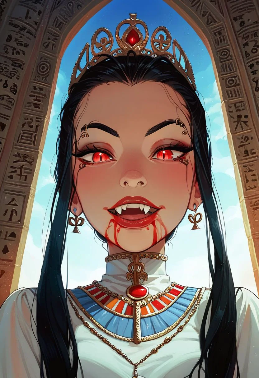 Score_9, Score_8_Upper, Score_8_Upper, Score_8_Upper, Score_8, solo, 1girl, anime, perfect face, bloody mouth, vampire sorceress, pale skin, black hair, black brows, scarlet eyes, piercing gaze, glowing eyes, decorated robes, golden jewelry, black gothic full robes, stitch marks, stitched skin, ghastly pale skin, egyptian royal crown, cracked skin, bloody skin,
night sky, egyptian temple background, large fangs,