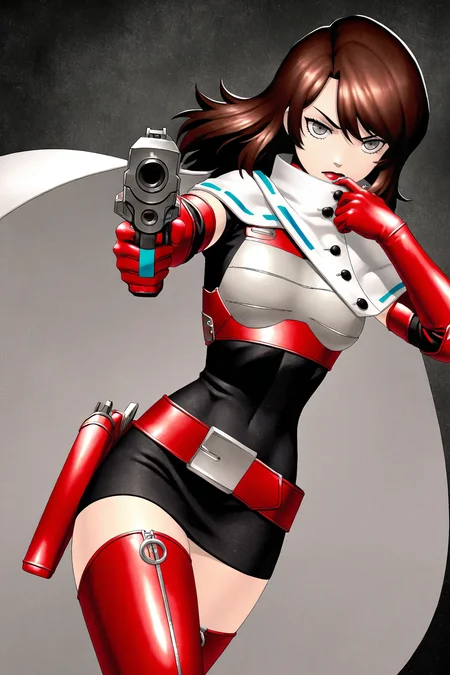 masterpiece, best quality, amazing quality, very aesthetic, absurdres, newest, SMTHEROI, 1girl, solo, medium hair, long hair, straight hair, brown hair, grey eyes, red lipstick, red neck armor, (white short cape, blue tape trim, buttons), (red breastplate, ((grey breast pads))), black camisole dress, short black sleeves, elbow gloves, grey elbow pads, red belt, holster, (red thigh boots, zipper), grey kneepads, cowboy shot, action pose, dynamic pose, dash slide, holding, sci-fi handgun, aiming at viewer, dutch angle, dark misty background, looking at viewer
