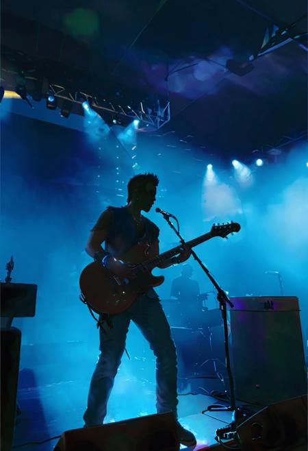 UHD,(masterpiece:1.8),UHD,silhouette of a young male guitarist singing into a microphone onstage, vibrant blue stage lighting, electric guitar in hand, foggy atmosphere, aged around 25, medium build, live concert setting, western nationality, concert photography with dramatic lighting, inspired by the aesthetic of live performance photography, cyberpunk 2077 style