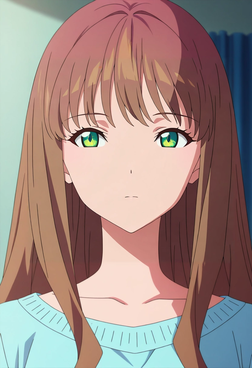 masterpiece, best quality, , anime screencap, anime coloring, official style, , 1girl, solo, <lora:yume_minami_ilxl:0.94>, yume_minami, brown hair, green eyes, long hair, bangs, ,