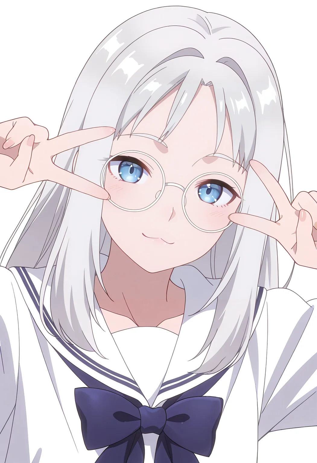 Smooth Quality,masterpiece,beautiful aesthetic, very intricate, high quality details, ultra realistic, high detailed skin,
simple background, white background,
dutch angle,v over eye,;3,
school uniform,  <lora:Hinacnn:0.8> hina/cnn, 1girl, long hair, blue eyes, grey hair, glasses,