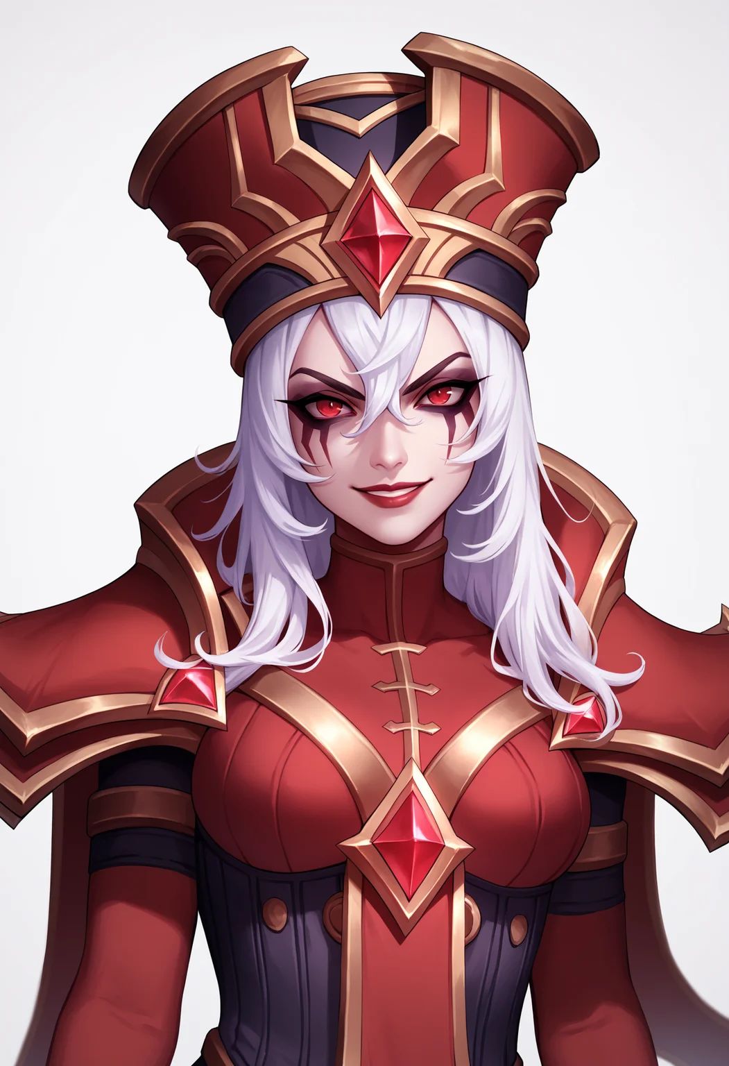 score_9, score_8_up, score_7_up, BREAK,
1girl, sallywhitemane, white hair, long hair, red eyes, makeup,
hat, armor, corset, pauldrons, pelvic curtains,
upper body, evil smile, looking at viewer, solo, simple background, white background <lora:SallyWhitemaneXL:1>