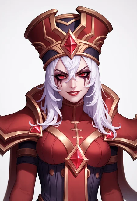 score_9, score_8_up, score_7_up, BREAK,
1girl, sallywhitemane, white hair, long hair, red eyes, makeup,
hat, armor, corset, pauldrons, pelvic curtains,
upper body, evil smile, looking at viewer, solo, simple background, white background <lora:SallyWhitemaneXL:1>