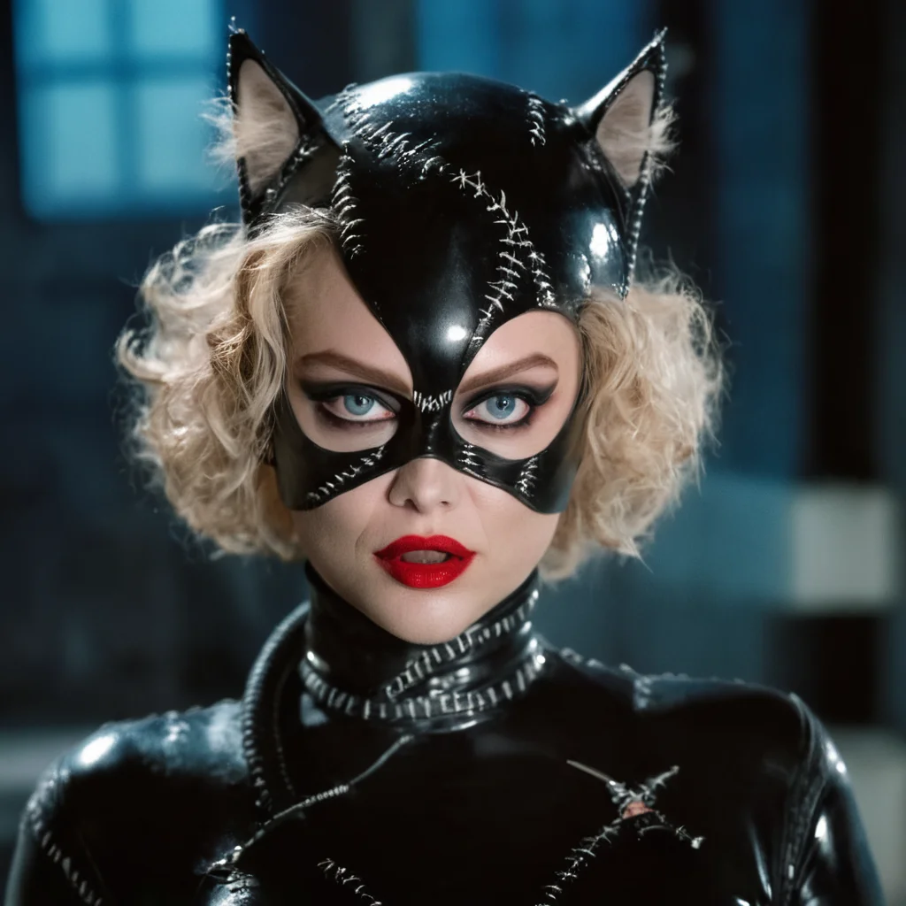cinematic film still of <lora:Catwoman 1992:1>
closeup, Catwoman a messy hair blonde woman in a cat costume with a red light tim burton style,1girl,solo,blue eyes,blonde hair,horns,teeth,lips,makeup,mask,lipstick,portrait,realistic
, shallow depth of field, vignette, highly detailed, high budget, bokeh, cinemascope, moody, epic, gorgeous, film grain, grainy