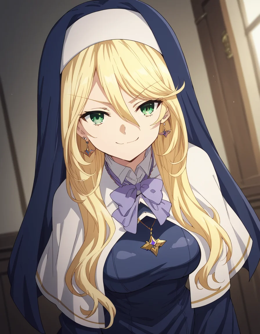 score_9, score_8_up, score_7_up, source_anime, <lora:sharon-holygrail-s1-ponyxl-lora-nochekaiser:1>, sharon holygrail, long hair, blonde hair, hair between eyes, green eyes,, bow, jewelry, earrings, bowtie, necklace, purple bow, nun, habit, purple bowtie, capelet, white capelet,, indoors, bent over, smile, smug, looking at viewer, solo,, cowboy shot, dutch angle