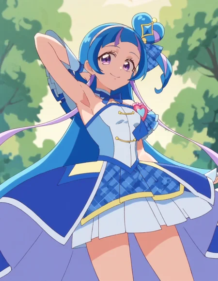 score_9, score_8_up, score_7_up, anime screencap, solo,1girl,curewink,blue hair, blue dress, magical girl, skirt,smile, looking at viewer, cowboy shot,armpit,medium breasts <lora:curewink_pony:0.8>