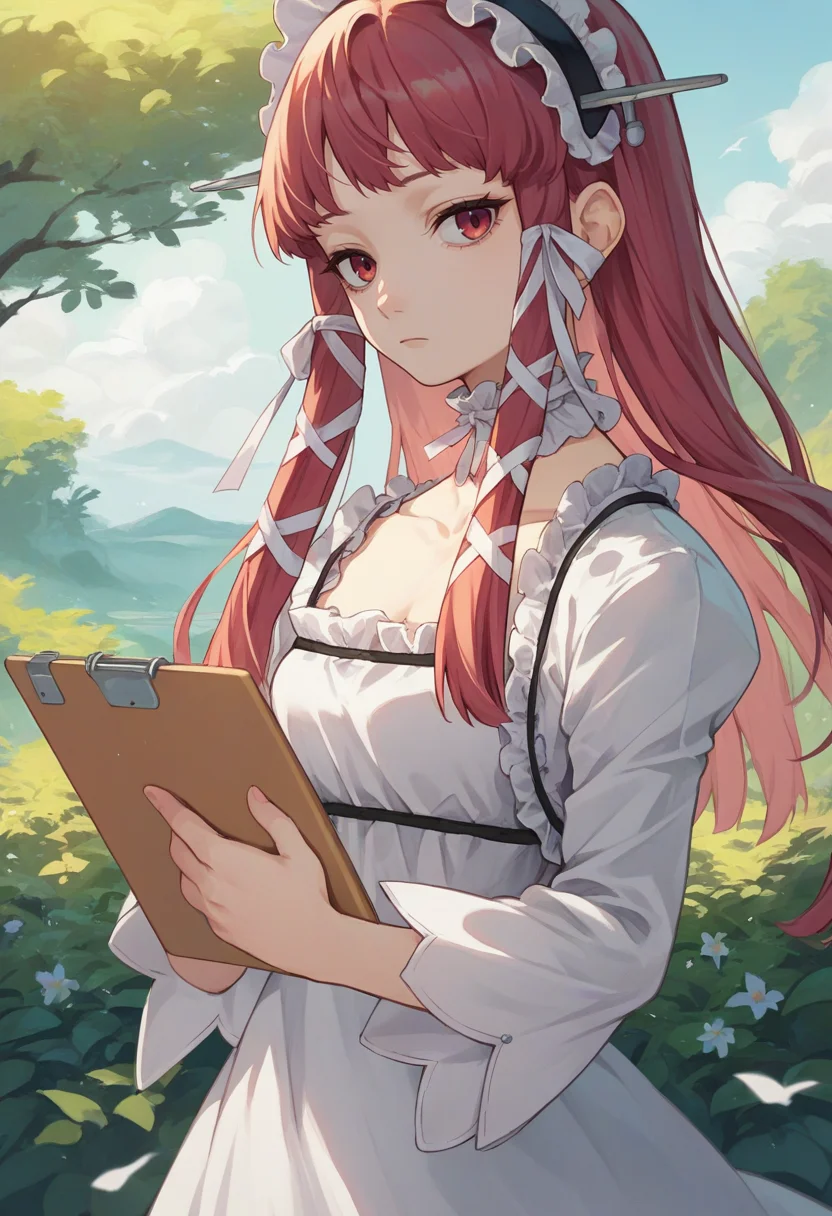 score_9, score_8_up, score_7_up, source_anime, solo, 1girl, yoshino chidori, expressionless, looking at viewer, holding notebook, hair ribbon, hairband, frills, white dress, ribbon, frilled choker, outdoors <lora:persona3_yoshino_ponyXL:1>