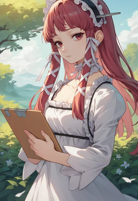 score_9, score_8_up, score_7_up, source_anime, solo, 1girl, yoshino chidori, expressionless, looking at viewer, holding notebook, hair ribbon, hairband, frills, white dress, ribbon, frilled choker, outdoors <lora:persona3_yoshino_ponyXL:1>