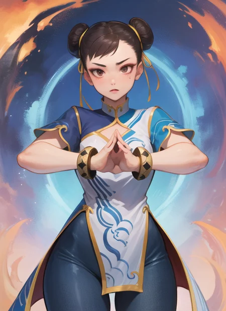 (masterpiece, best quality, high resolution), (illustration:1.0), extremely detailed face, perfect lighting, (perfect hands,perfect anatomy), (1girl, solo:1.5), glowing skin and perfect symmetrical pretty face ,cowboy shot, chunlims, hair bun, double bun, eyeshadow, makeup, chinese clothes, pelvic curtain, solo, dress, bracelet, ribbon, pants, blue pants, makeup, short sleeves, wide hips, thick thighs, <lora:ChunliMS:1>,