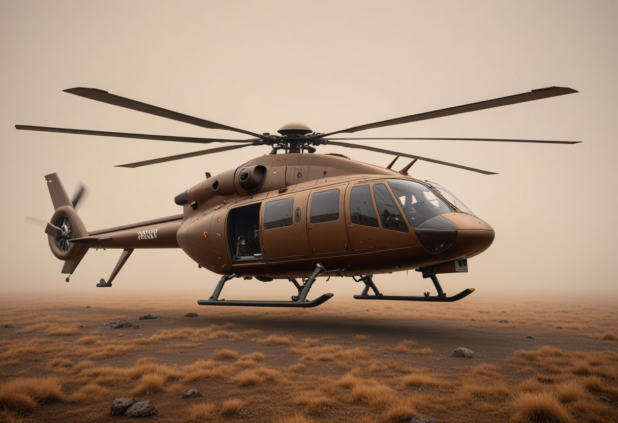 (medium full shot) of (sleek minuscule bronze helicopter) with stealth-coating body, turboshaft, elegant curves, glowing panels, set in  landing on a plateau, the helicopter providing a drop-off point for explorers, amid dense fog, Masterpiece,best quality, photo, realistic, very aesthetic,
