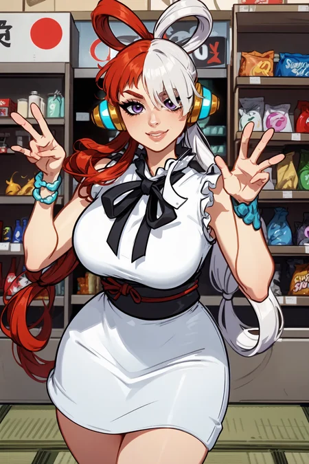 (1girl:1.3), (solo:1.2), curvy, (masterpiece:1.2), (best quality:1.2), (dynamic pose:1.4), (confident:1.2), smile
<lora:BlushySpicy [MockAi - v1.0]:0.8> blushyspicy, thick lineart, cute, pinup, vibrant colors, (large breasts:1.4), (cowboy shot:1.2), <lora:Uta [h_madoka - v1.0]:0.7> (split-color hair:1.2), hair over one eye, (red hair:1.2), (multicolored hair), long hair, purple eyes, (two-tone hair), hair rings, white dress, headphones, (white hair:1.1), black ribbon, bangs, sleeveless, very long hair, (japanese convenience store:1.4), (inside:1.3), modern, (konbini), shelves, groceries,