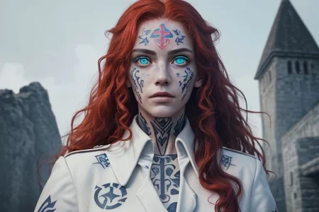 bright red hair, human female, (feminine:1.7), (beautiful face, detailed face:1.6), (beautiful eyes, detailed eyes:1.7), (looking at viewer, eye contact, intense:1.6), (long hair, red hair, curly hair:1.3), , ((masterpiece, best quality, high resolution, realistic, best quality,)), photo realistic, Perfect Face, (detailed face). <lora:GoodHands-vanilla:0.6> <lora:add-detail-xl:0.8>, mage, (Dress White military uniform coat), dagger, rune dagger, glowing runes, , (((glowing magic symbols tattoos, religious tattoos))), ((face tattoos)), glowing tattoos, stone tower in the background