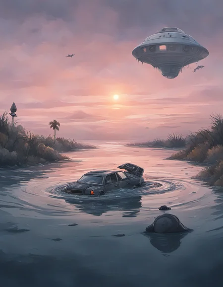 apocalyptic a car is stuck in the water with a spaceship floating in the distance, light_rain, sunset <lora:Apocalyptic:1>