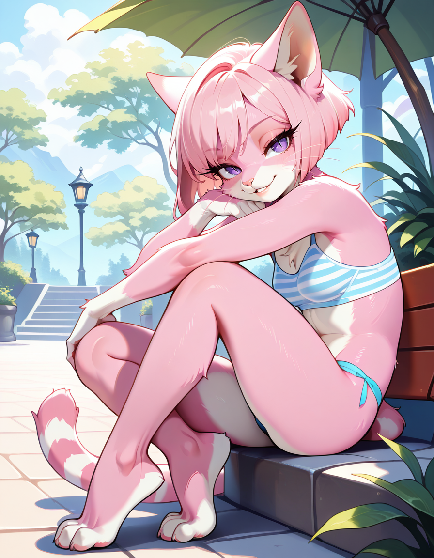masterpiece, best quality, very aesthetic, absurdres,
outdoors,
full body, seductive smile, parted lips, long eyelashes,
 <lora:CiviChan_v01_NAIXL:1>
CiviChan,1girl,solo,furry,furry female,cat girl,cat ears,short hair,pink hair,purple eyes,slit pupils,snout,animal nose,whiskers,body fur,striped tail,