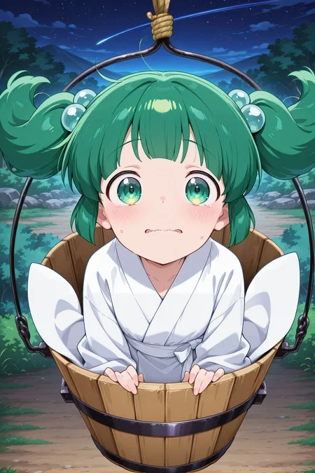 absurdres, highres, masterpiece, best quality, amazing quality, official anime artwork, screencap, anime screencap, outdoors, looking at viewer, midair,  night, scared, wavy mouth, 
<lora:Kisume_Illustrious:1> kisume, 1girl, solo, green eyes, green hair, short hair, short twintails,, hair bobbles, white kimono, long sleeves, wooden bucket, in bucket,