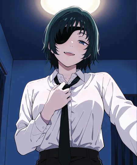 masterpiece,best quality,absurdres,highres,very aesthetic,high quality,detailed,insanely detailed,beautiful,perfect lighting,very awa,
<lora:spo_sdxl_10ep_4k-data_lora_webui:1>,
<lora:untie_necktie_IL_v1:1.2>,untie_necktie,adjusting necktie,loose necktie,
1girl,solo,
<lora:Himeno_PR_REG:0.9>,himenomv,
eyepatch,green hair,short hair,blue eyes,
outfit_1,white shirt,collared shirt,black necktie,black pants,belt,shirt tucked in,
indoors,hotel room,dark room,night,blurry background,
looking at viewer,seductive smile,half-closed eyes,light blush,open mouth,
pov,from below,