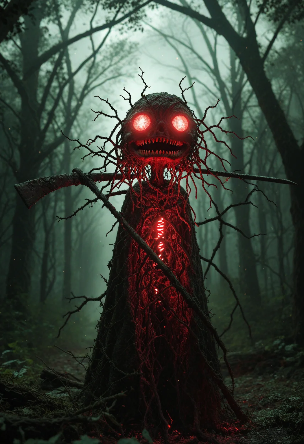 ethereal figure floating through an enchanted forest, wielding a large scythe, wearing a cloak, no face, thick miasma, dense and vibrant fog, menacing neon glow pulsing from within, monster trees, interconnected by thorny vines, plants with eyes and fangs, color scheme red-pink light, particles, horror-themed, grimdark, fantasy nightmare