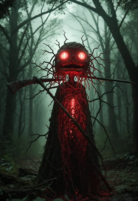 ethereal figure floating through an enchanted forest, wielding a large scythe, wearing a cloak, no face, thick miasma, dense and vibrant fog, menacing neon glow pulsing from within, monster trees, interconnected by thorny vines, plants with eyes and fangs, color scheme red-pink light, particles, horror-themed, grimdark, fantasy nightmare