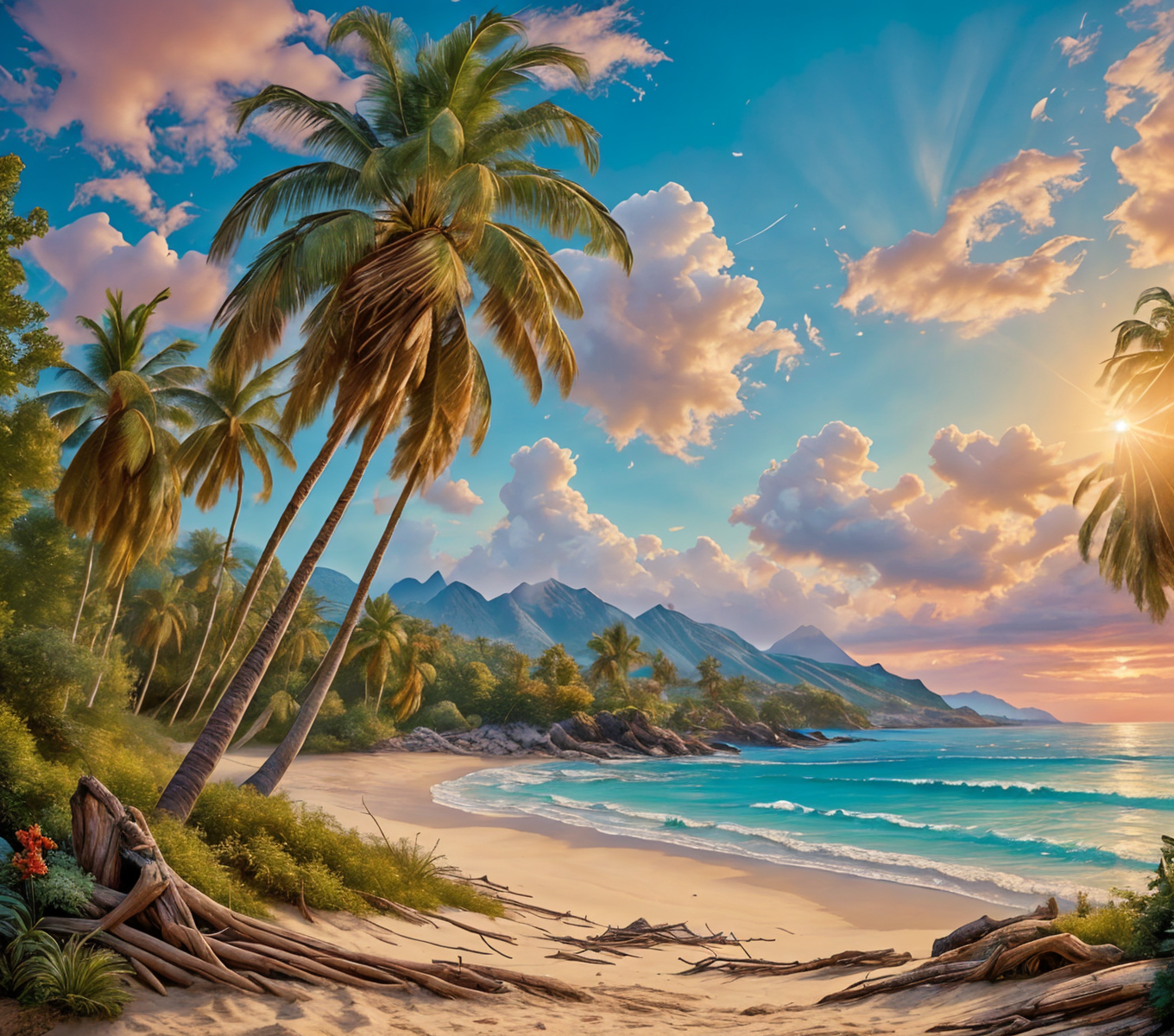 RAW photo, (masterpiece:1.3), subsurface scattering, heavy shadow, (high quality:1.4), (intricate, high detail:1.2), professional photography, HDR, High Dynamic Range, realistic, ultra realistic, photorealistic, high resolution, film photography, ambient lighting, atmospheric effects, <lora:detail_slider_v4:2>, OverallDetail, <lora:Beach:1>, beach, cloud, cloudy sky, nature, no humans, palm tree, plant, rock, scenery, shore, sky, summer, sunlight, tree, mountains in the background, epiCPhoto