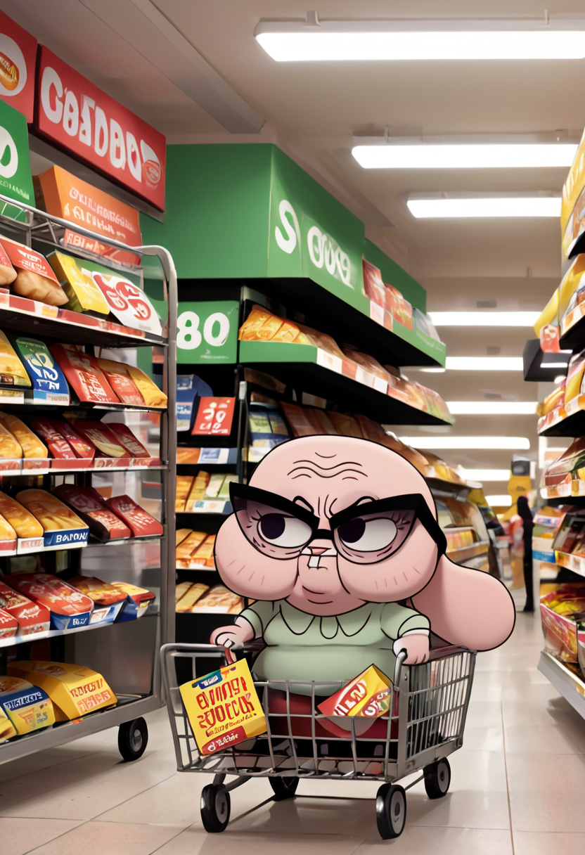 score_9, score_8_up, score_8,   <lora:Joanna_Jojo_Watterson_The_Amazing_World_of_Gumball_for_PonyXL_V2:0.8> 1girl, j0j0, bunny girl, old, solo,  glasses, grocery store, shopping cart,