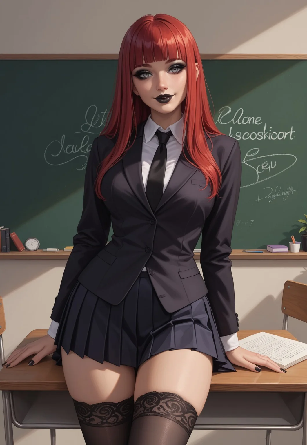 score_9, score_8_up, score_7_up, source_anime, source_explicit,,flat colors, flat illustration, lineart, highly detailed, ultra detailed,
girl as a goth, black makeup, black lips, blunt bangs, voluptuous body, grey eyes, big lips, lipstick, red hair long hair straight hair,
wearing school uniform, blouse, black shirt with black tie, long sleeves, black pleated skirt, stockings,
indoor background, blackboard, teacher's desk,
front view, professional lighting, smile, posing