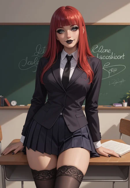 score_9, score_8_up, score_7_up, source_anime, source_explicit,,flat colors, flat illustration, lineart, highly detailed, ultra detailed,
girl as a goth, black makeup, black lips, blunt bangs, voluptuous body, grey eyes, big lips, lipstick, red hair long hair straight hair,
wearing school uniform, blouse, black shirt with black tie, long sleeves, black pleated skirt, stockings,
indoor background, blackboard, teacher's desk,
front view, professional lighting, smile, posing