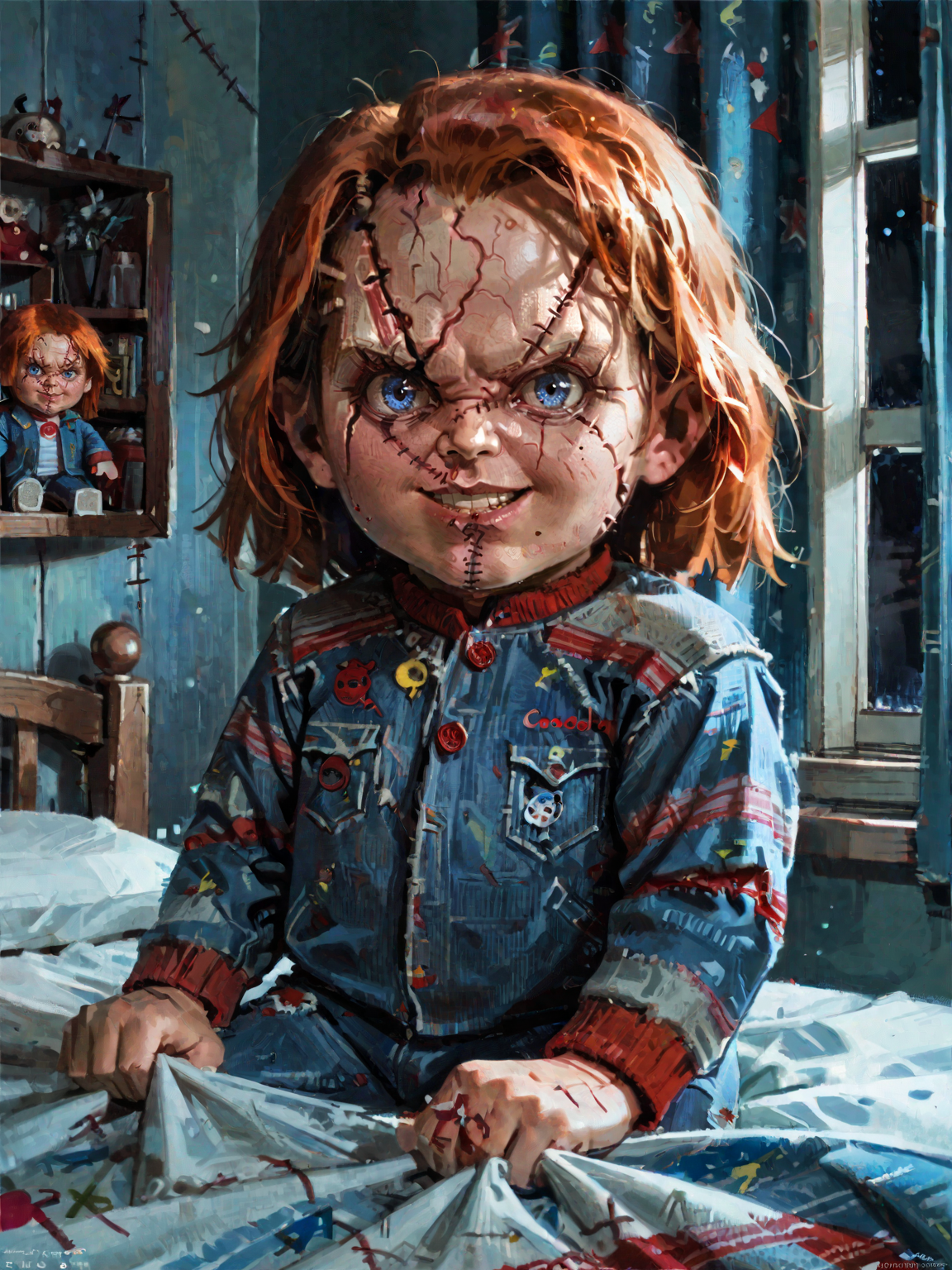 <lora:Chucky:0.8>, chuck3y, 1boy, blue eyes, orange hair, stitches, doll, chibi, denim jacket, sitting on bed, room, college room, shelf, bed sheet, table, evil smile, evil grin, window, night, solo, dark, <lora:AlexanderMandradjiev:0.8>, zPDXL3, score_9, score_8_up, score_7_up, score_6_up, score_5_up, score_4_up, realistic, source_real