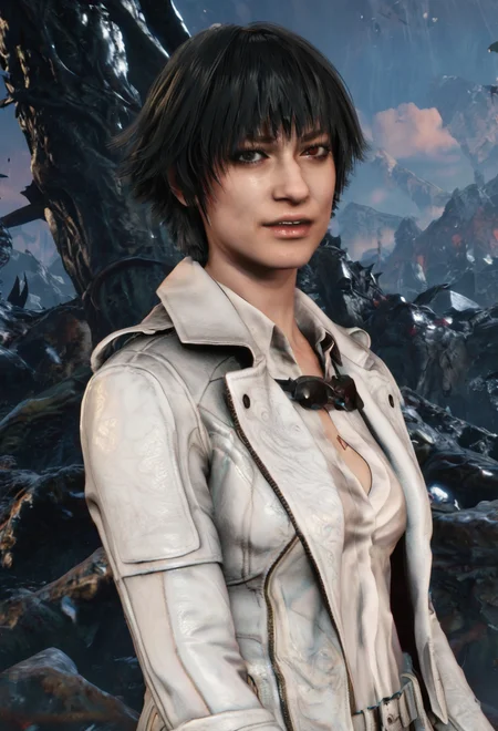 score_9,score_8_up,score_7_up, realistic,lady_devil_may_cry, devil may cry 5, short hair,black hair,scar,heterochromia, 3d,cgi game <lora:lady_devil_may_cry:1> wearing a white outfit,