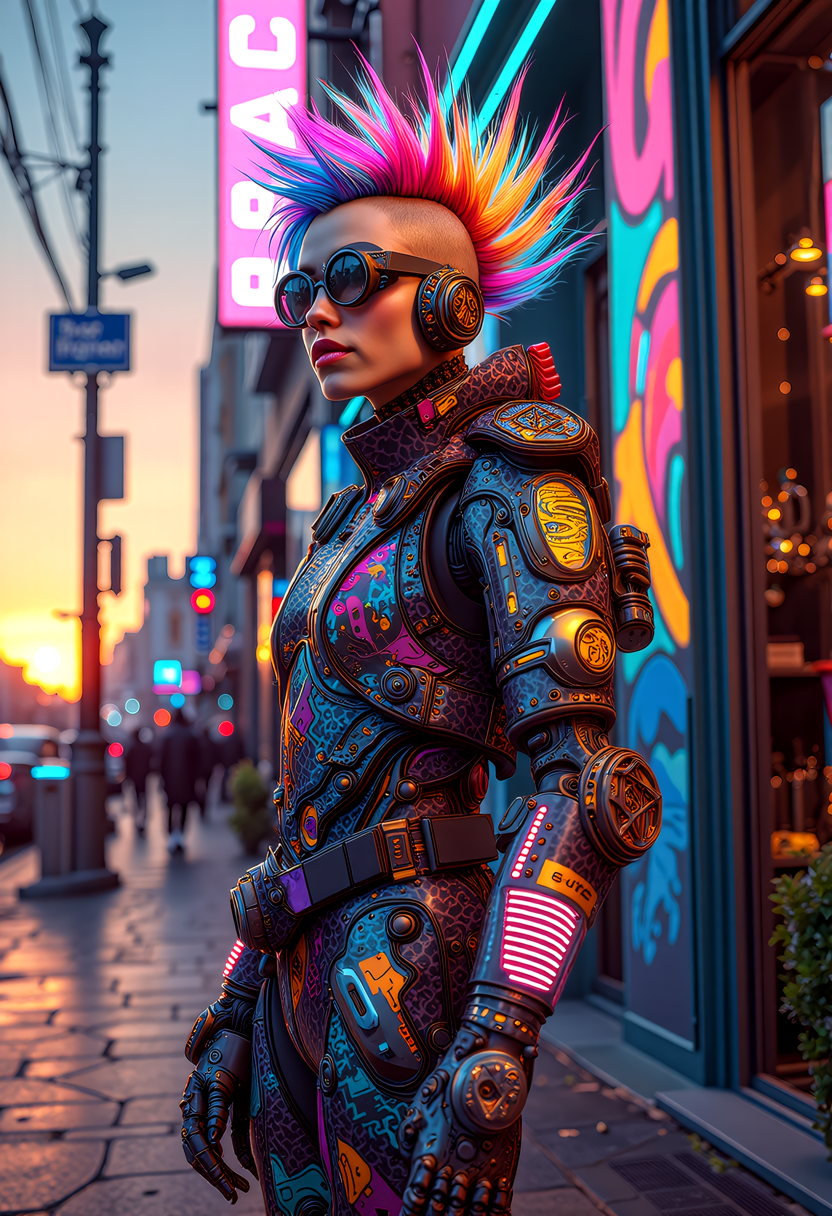 avantgardepunk style. Cutting-edge fusion of art, music, fashion, and technology featuring bold, colorful patterns, distorted proportions, abstract shapes, augmented mechanical enhancements. Include punk-inspired hairstyles, makeup, accessories, and an atmosphere of creativity and rebellion. at sunset, a cyberpunk_2077 person stands proudly outside a futuristic D&G-style boutique, sleek carbon fiber mechanical arms, atmospheric perspective, hairstyle a riot of colorful spikes and dye, augmented enhancements visible, glowing circuits and fiber-optic strands and LEDs of pulsing with energy, and explosion of creative chaos, vibrant colors and bold outlines, style of Wayne Barlowe meets Jean-Paul Goude,   <lora:art and styles/MysticFantasy.safetensors:1.0>,  <lora:flux_trainer/avantGardePunk_v1.safetensors:1.0>,   <lora:Fluxartis 28.11A.safetensors:1.0>, ,