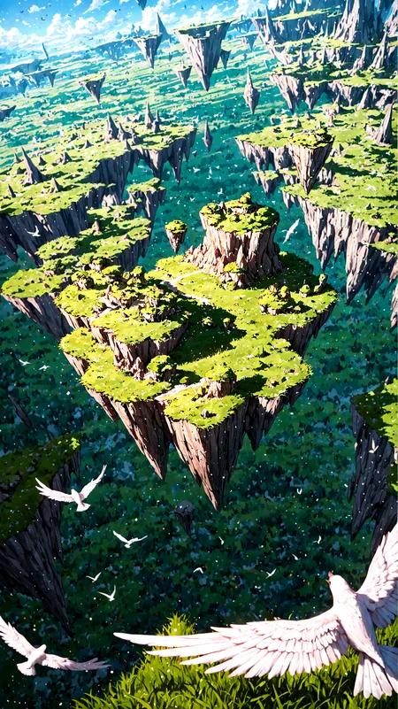 scenery, from above, floating island, no humans, bird, grassland, sky, fantasy, blurry background, artistic filter, polarized, masterpiece, best quality, amazing quality, very aesthetic, absurdres, newest,