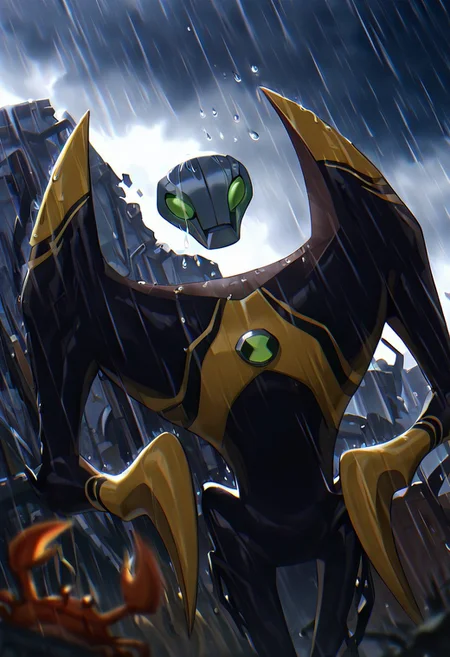 masterpiece, best quality, amazing quality, very aesthetic, absurdres, newest,, detailed background, 
 lodestar, solo, alien, robot, no humans, green eyes, crab claws, black body, pincers, yellow stripes,, small head, grey head, no feet, no toes, 
junkyard, heavy rain, upper body, movie scene, cinematic, gray sky, rusty metal, metal head, raindrops, foreground blur, floating metals,