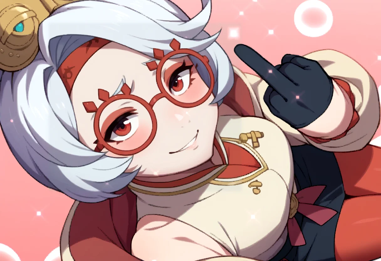 score_9, score_8_up, score_7_up, source_anime, BREAK, solo, 1girl, smile, looking at viewer,  <lora:FEA-S-Rank-pdxl_Fp:1>, pink background, sparkle, bubble,  <lora:purah-pdxl-nvwls-v1:1>, purah, hair ornament, red headband, red glasses, sleeveless shirt, white coat, black skirt, red leggings, gloves,middle finger, blush
