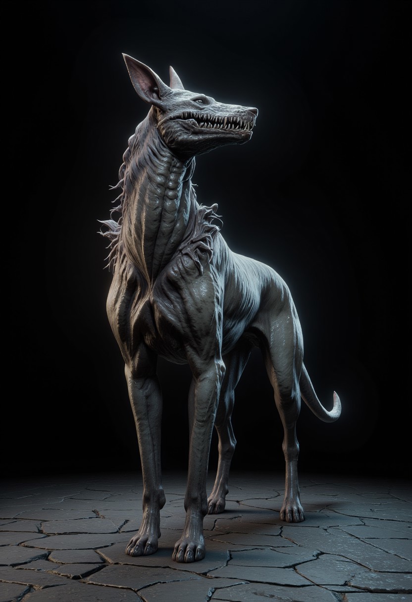 beast dog quadruped
Standing on a flat ground the camera angle is high rotated
Set against a solid dark black color background to emphasize its unnatural form that emphasizes its silhouette. The medium is not a traditional painting or illustrative medium like watercolor or ink but rather a digital 3D rendering.
MikeFranchinastyle, bbstyle,, horror theme,, ZBClay model of a gray sculpture, zbrush, d4arks0uls, overcast lighting, jedioutfit