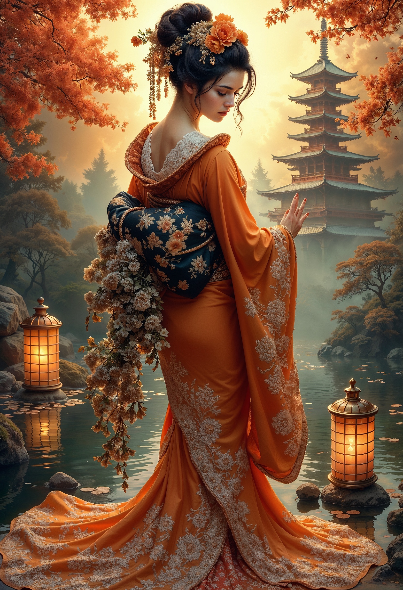 Ornate japanese Geisha in orange black white and golden dress, lace art, golden intricate motifs, lanterns and candles, lilly pond, castle made of rainbow, garden background, dark hair, dark fantasy, intricate details, hyper detailed, Jean Baptiste Monge, Carne Griffiths, Michael Garmash, seb McKinnon, masterpiece