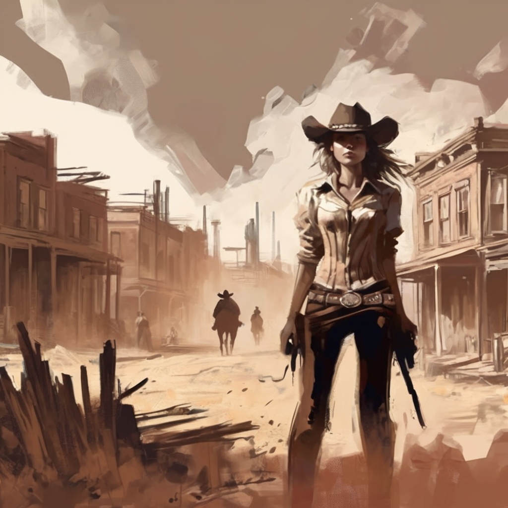 artmix06 cowboy girl in the wild west with buildings in the background,  cinematic, very detailed<lora:artmix06:1>