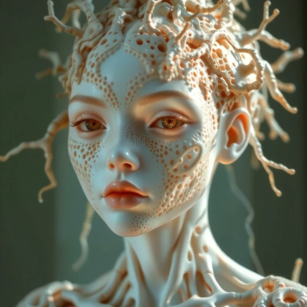 breathtaking Feast your eyes upon this astonishingly lifelike sculpture of a synthetic coral girl, whose organic form has been expertly molded to mimic the complex structure of a neural network. Devoid of hair, her mechanical visage boasts an unsettling yet captivating pattern of trypophobic indentations, drawing the viewer in with a magnetic pull. Crafted from lustrous white porcelain, her flawless skin reflects the soft glow of natural lighting, casting intricate shadows that reveal the staggering level of detail contained within. Boasting razor-sharp focus and hyperrealistic textures, this masterwork pushes the limits of photorealism to previously unexplored heights. Every minute crease and fold has been meticulously reproduced, resulting in an incredibly lifelike representation that seems almost poised to spring forth from the screen. Shot using top-of-the-line DSLR equipment capable of recording in 8K UHD and HDR, this ultra-detailed image possesses a breathtaking clarity and depth rarely achieved in digital media. . award-winning, professional, highly detailed <lora:scifi/moxiePunk_v20.safetensors:1.0>, <lora:flux/Realism 2>, <lora:fantasy_portrait_by_cosmic>,