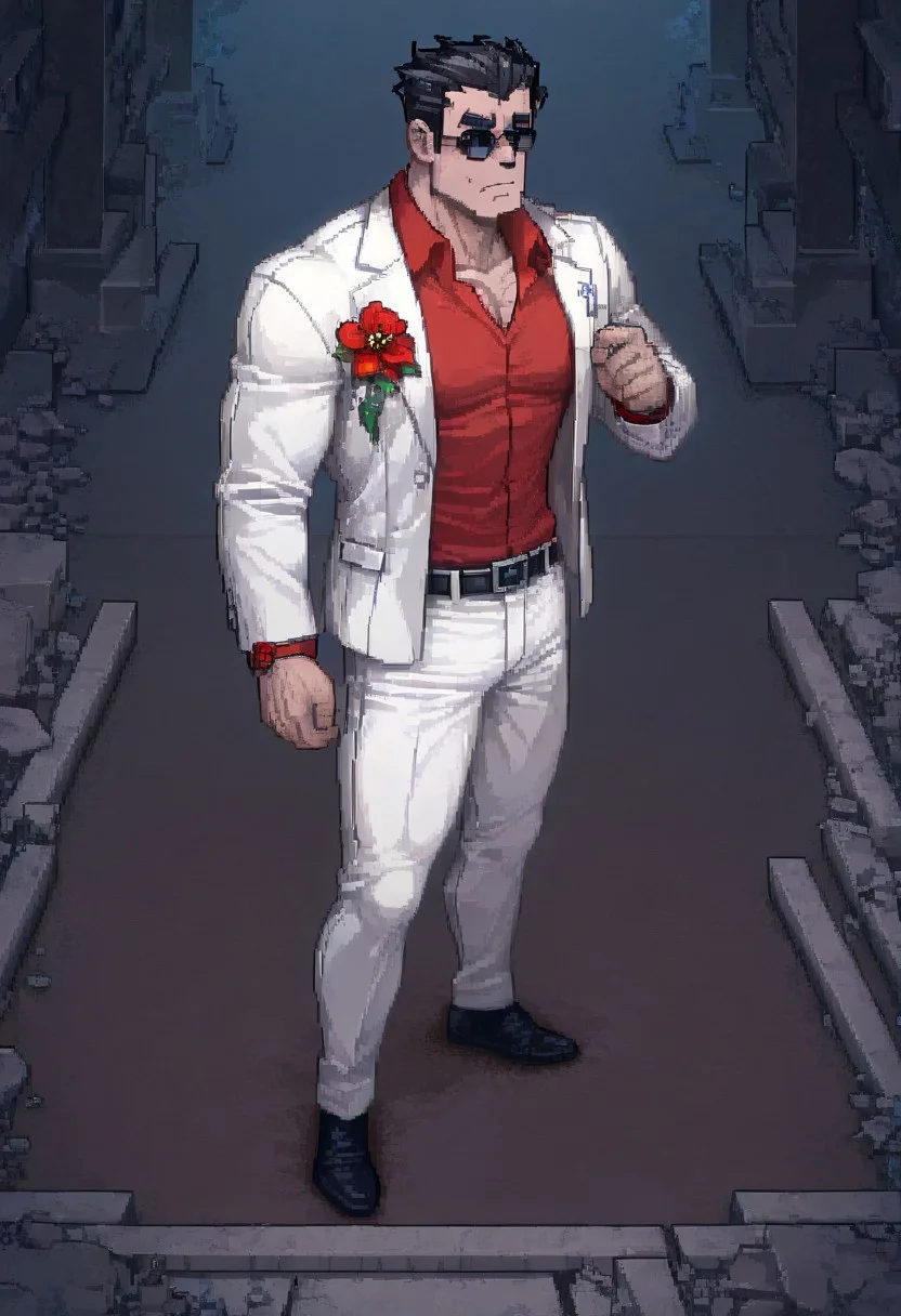 masterpiece, best quality, newest, absurdres, highres, PCSVIL-V1.0, pixel art, 1boy, helltaker (helltaker), black hair, short hair, muscular, muscular male,
sunglasses, glasses,
white jacket, white pants, black belt, red shirt, formal clothes, flower in clothes, open jacket