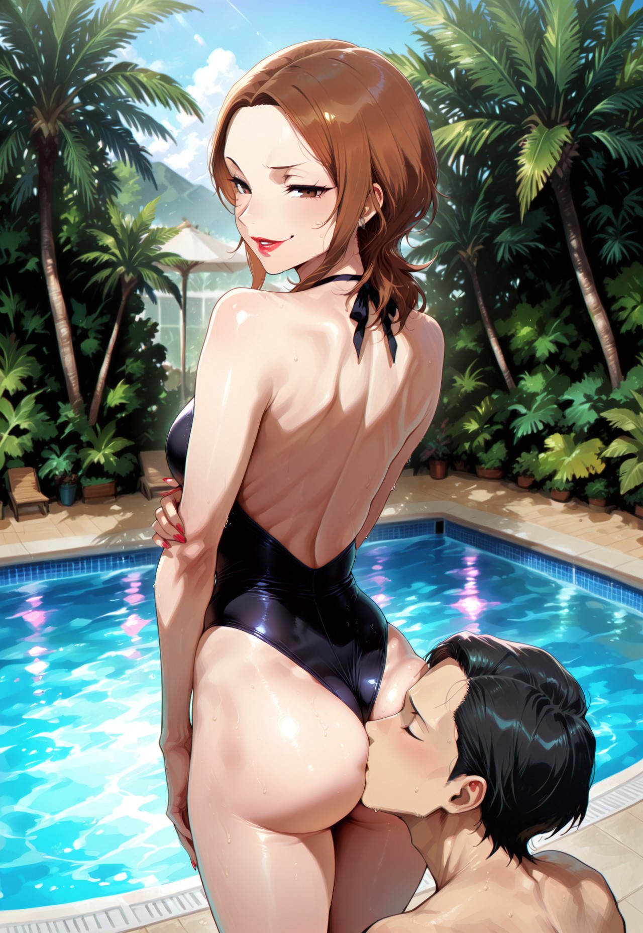 AssKissiLLV1, kisses buttock, hetero, femdom, standing, pool, tropics, beach, stuck her butt out, kiss focus, from behind, puffy lips, 

1girl, p4kashiwagi, brown hair, brown eyes, lipstick, red lips, p4kashiwagi-swim, swimsuit, one-piece swimsuit, skindentation, dominant female, ((skinny)), smug,

1boy, lips pressed to buttock, short hair, black hair, lips, 

absurdres, masterpiece, best quality, very aesthetic, anime, 748cmstyle, 