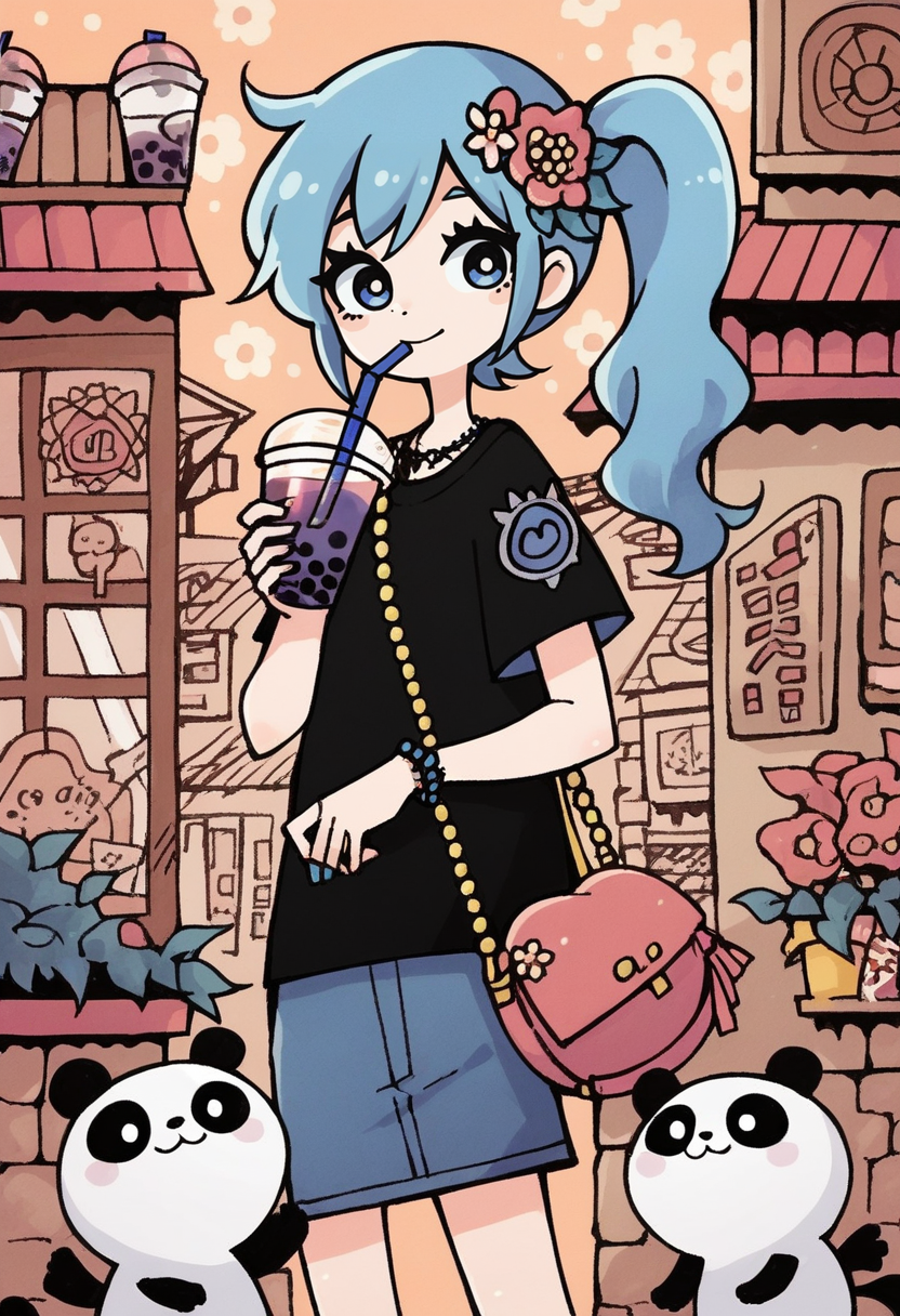 score_9, score_8_up, score_7_up, score_6_up, score_5_up,  garouma, 1girl, shirt, black shirt, solo, bubble tea, flower, bag, skirt, long hair, hair ornament, side ponytail, drinking straw, cup, hair flower, jewelry, blue eyes, short sleeves, smile, panda, shoulder bag <lora:garoumaXLP:1>