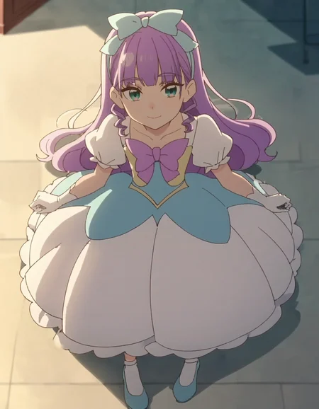 score_9, score_8_up, score_7_up, anime screencap,1girl, solo,dress, long hair, purple hair, white gloves, looking at viewer, smile, hair bow, blue footwear, blue eyes, puffy sleeves, bangs, blue bow, shoes, purple bowtie,,blue frills, <lora:elleelain:0.8>