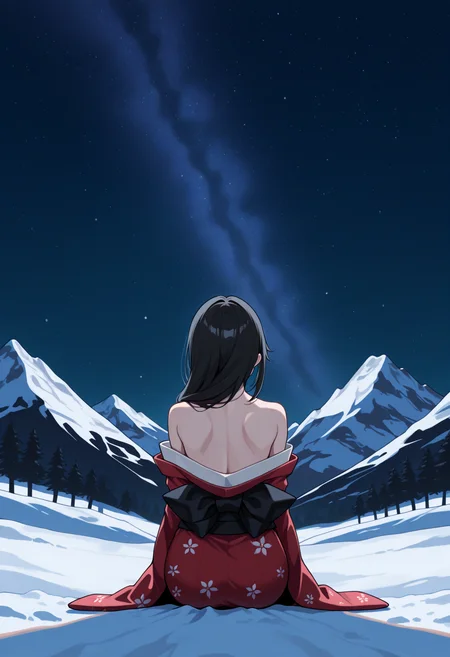 masterpiece, best quality, 1girl, solo, black hair, long hair, from behind, facing away, wide shot, seiza, on ground, mountain, snow, dark theme, night, starry sky, milky way, bare shoulders, kimono, shoulder blades, back, hair over shoulder, <lora:ChamCheshireCatIllustriousXL:1>