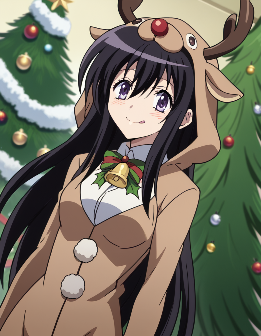 score_9, score_8_up, score_7_up, source_anime, <lora:kyouko-sonan-s1-ponyxl-lora-nochekaiser:1>, kyouko sonan, long hair, black hair, purple eyes, hair between eyes, sidelocks, anime screencap,, <lora:reindeer-costume-ponyxl-lora-nochekaiser:1>, reindeer costume, animal costume, reindeer antlers, antlers, fake antlers, reindeer hood, christmas, red nose, deer ears, deer tail, christmas tree, bell, horns, reindeer,, blush, smile, tongue out, looking at viewer,, , dutch angle, cowboy shot