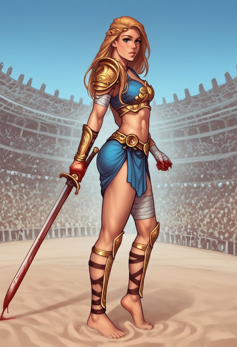 1girl, (((side view))), illustration, highly detailed, skinny, model body, looking at viewer, 1girl, masterpiece, best quality, femgladiator, scar, bloody, dynamic pose, <lora:Gladiator_F_For_Honor:0.9>
BREAK
(((((Thracian gladiator armor, holding wide long sword in hands))))), ((((dynamic pose))))
long hair, blonde hair, big hair, blue eyes,
(((a short soft tunic, arms and legs bandaged with tight bandages, leggings worn)))
best quality, depth of field, bokeh, (((full clothed))), 
BREAK 
((((outdoor, gladiator arena, sand, colosseum, bloody, gore:1.2)))) score_9, score_8_up, score_7_up, score_6_up, source_cartoon, rating_explicit, Expressiveh, ((((full body))))), dynamic pose,