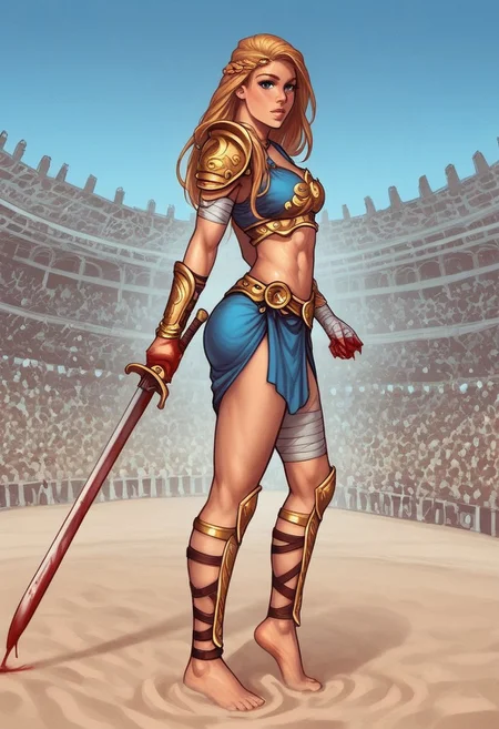 1girl, (((side view))), illustration, highly detailed, skinny, model body, looking at viewer, 1girl, masterpiece, best quality, femgladiator, scar, bloody, dynamic pose, <lora:Gladiator_F_For_Honor:0.9>
BREAK
(((((Thracian gladiator armor, holding wide long sword in hands))))), ((((dynamic pose))))
long hair, blonde hair, big hair, blue eyes,
(((a short soft tunic, arms and legs bandaged with tight bandages, leggings worn)))
best quality, depth of field, bokeh, (((full clothed))),
BREAK
((((outdoor, gladiator arena, sand, colosseum, bloody, gore:1.2)))) score_9, score_8_up, score_7_up, score_6_up, source_cartoon, rating_explicit, Expressiveh, ((((full body))))), dynamic pose,