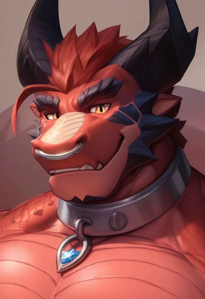 zPDXL3,score_9, score_8_up, score_8, score_7_up, score_7, source_furry, digital media \(artwork\), masterpiece, high quality, best quality,1boy, furry male, solo, dragon horns, red body,upper body,looking at viewer,muscular male,nose_piercing, dragon,nose ring,(shoulder),,(collar),(scale on nose),(scale:1.2)