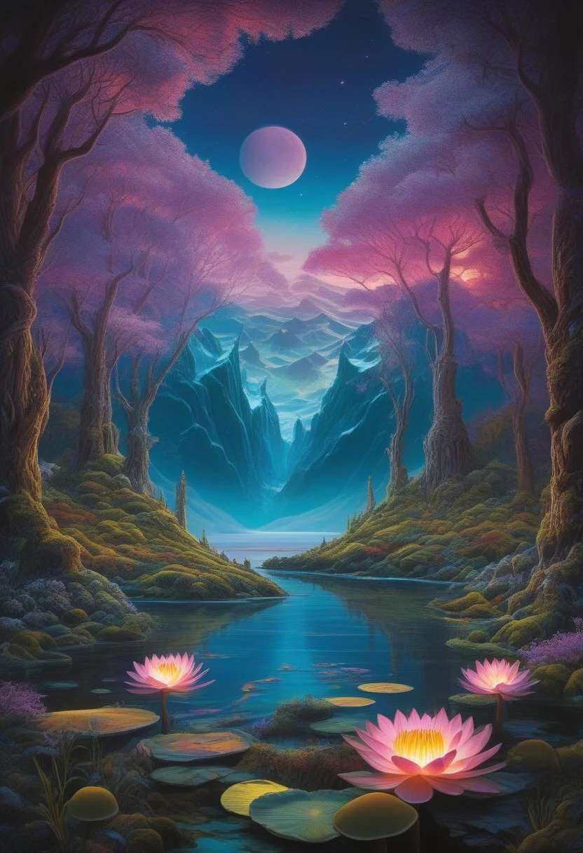 Surreal Landscape
In the foreground, a magical lake with crystal clear water is visible, on which giant water lilies, glowing in neon colors, float. The lilies create waves and reflections that give the scene a magical atmosphere. Beyond the lake, flying islands rise into the sky, covered with dense green vegetation,
In the distance, a majestic castle in the clouds is visible, which is enveloped in delicate pink and golden reflections of the setting sun. Flying swans with shiny feathers circle around the castle, illuminating the paths in the clouds. At the foot of the castle, near the lake, a desert landscape with a
On the left edge of the image, an icy mountain with hanging crystals that glow in different colors and reflect the light of the full moon is visible. A frozen lake at the foot of the mountain reflects the magical light from the crystals, and snow-covered trees complete the picture. Above the water and mountain stretches an underwater city, illuminated by phosphorescent algae and sea creatures. Multicolored fish swim around the glass domes and coral structures of the city.
At the top of the image, the aurora borealis is seen dancing over the tundra and snow-capped mountains. The sky is filled with vibrant green, blue, and purple lights that illuminate the snow and create a magical atmosphere. In the center of the scene, a colorful forest is seen with giant mushrooms glowing in neon colors. The trees have