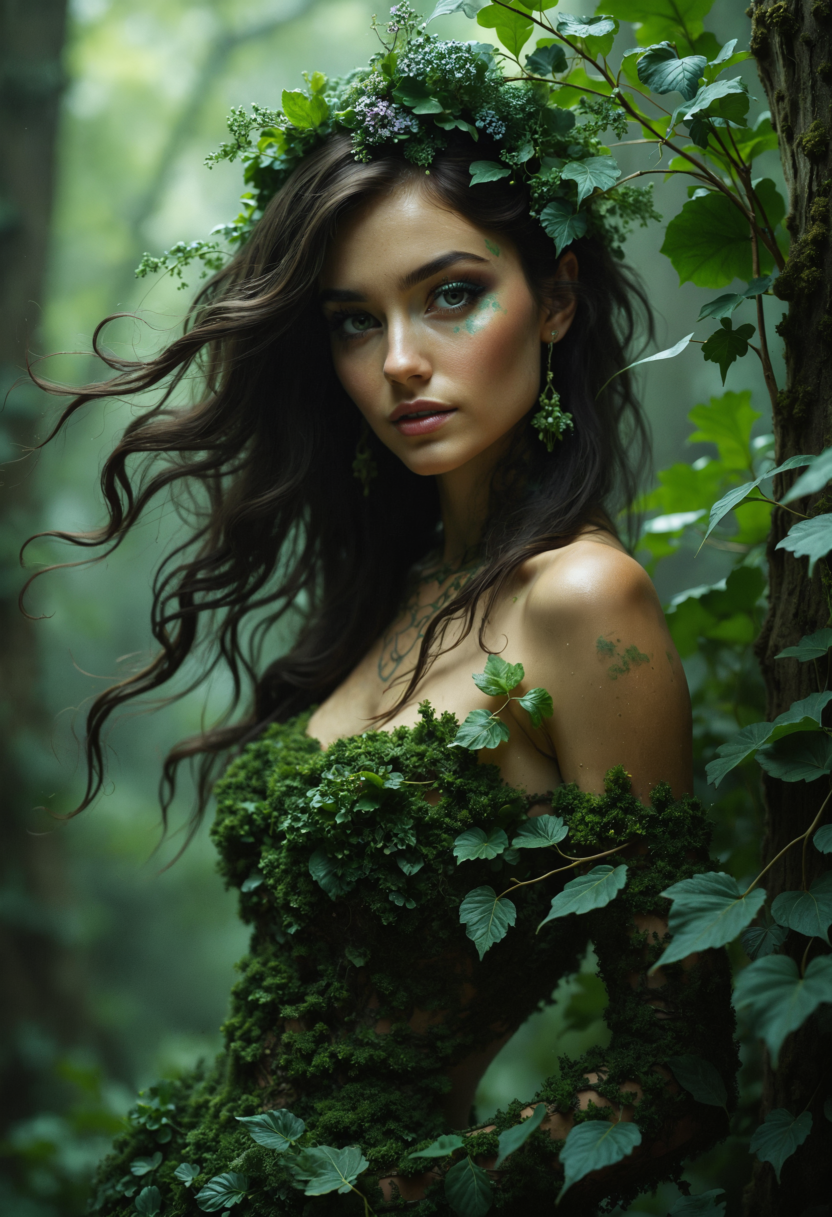 A sensuously enchanting forest dryad, her eyes glowing with mystique, exudes a seductive allure as she stands surrounded by vibrant leaves, her clothes made of green foliage that blends seamlessly with her mystical woodland home. This stunning portrait captures the essence of a mythical being, radiating an aura of magic and allure. The rich, detailed description and exquisite charm of the subject make this image truly exquisite, captivating viewers with its ethereal beauty.